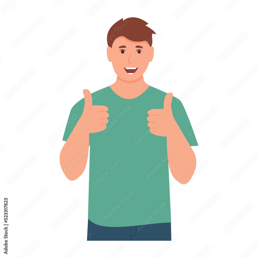 Smiling man with thumbs up expressing agreement and approval. The gesture is cool. Guy with great sign. Flat vector illustration isolated on white background Smiling man with thumbs up expressing agreement and approval. The gesture is cool. Guy with great sign. Flat vector illustration isolated on white background