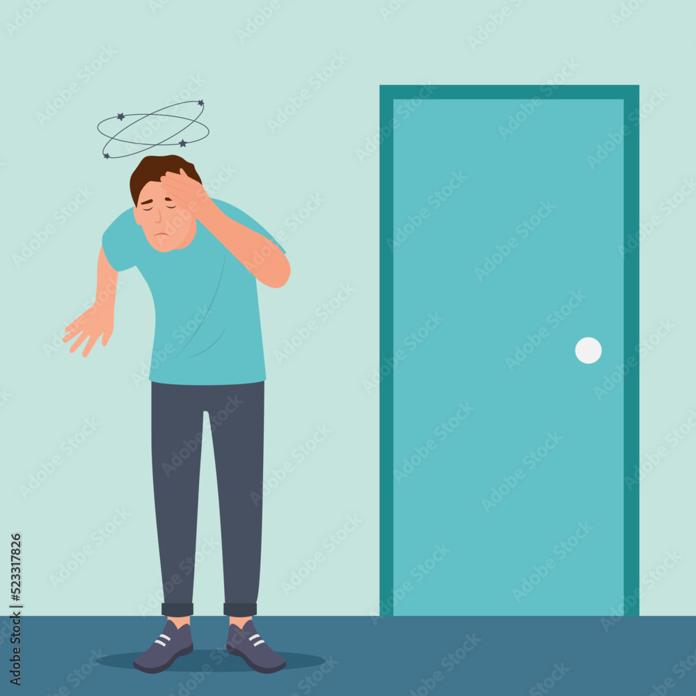 Dizziness. Man with closed eyes holds his hand on head, stars spin