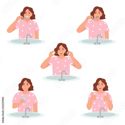 Dental care and hygiene. Woman brushing teeth stages. Brush your teeth and tongue. Use  floss and rinse your mouth.Flat vector illustration
