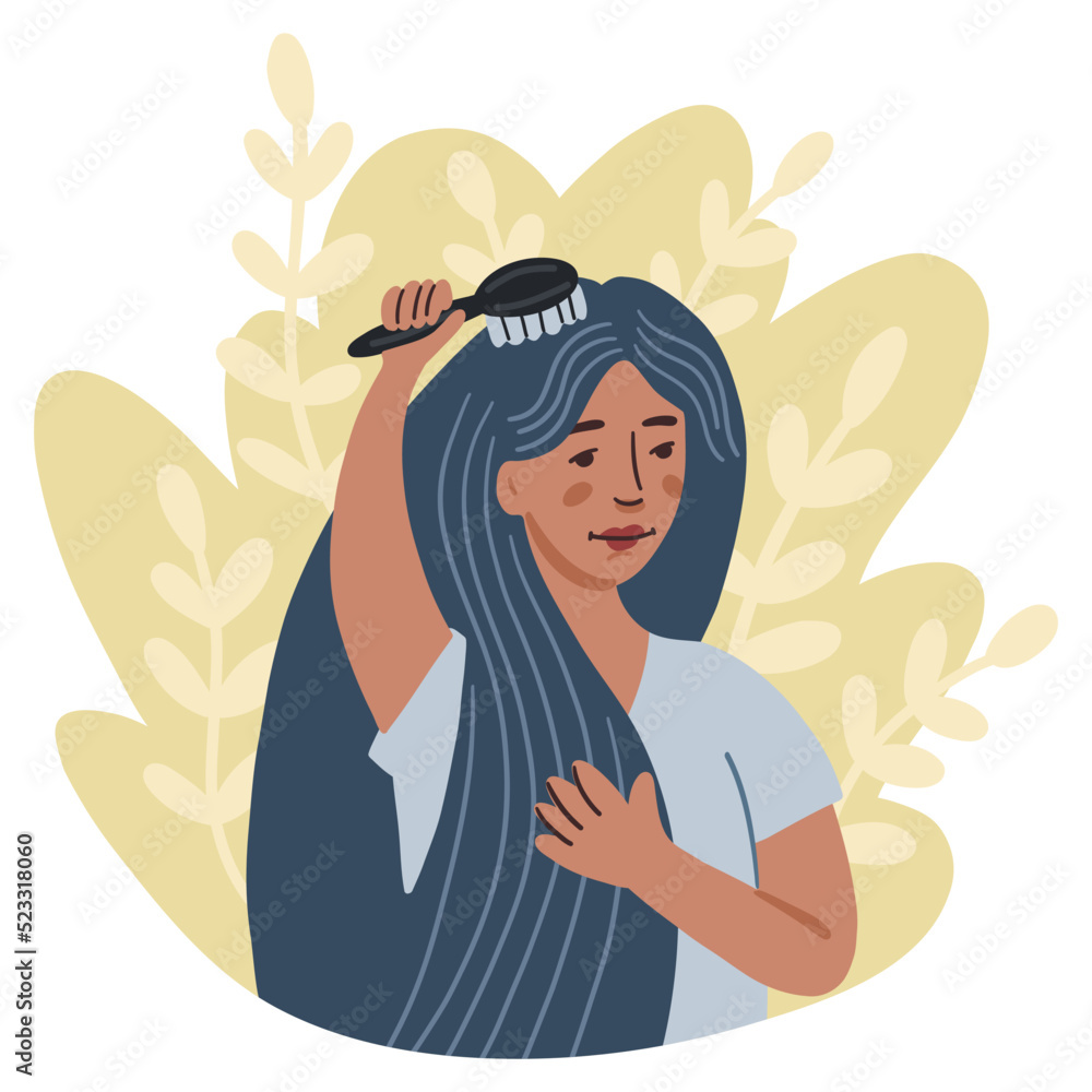 Illustration of a girl combing her long hair. Simple cute style. Demonstrates personal care, hair care, daily hygiene habits. Illustration of a girl combing her long hair. Simple cute style. Demonstrates personal care, hair care, daily hygiene habits.