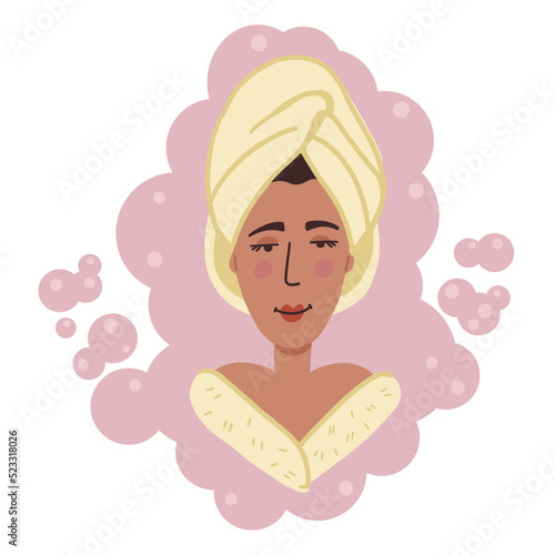 Illustration of a girl in a fluffy bathrobe and a towel on her head. Background of foam and soap bubbles. Simple cute style.