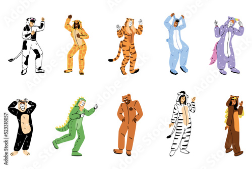 Set of people in funny kigurumi pajamas. Positive men and women wearing jumpsuits in form of different animals. Zebra, bear, dinosaur. Cartoon flat vector collection isolated on white background
