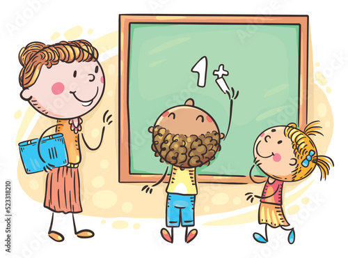 Math lesson, teacher and students writing on the blackboard