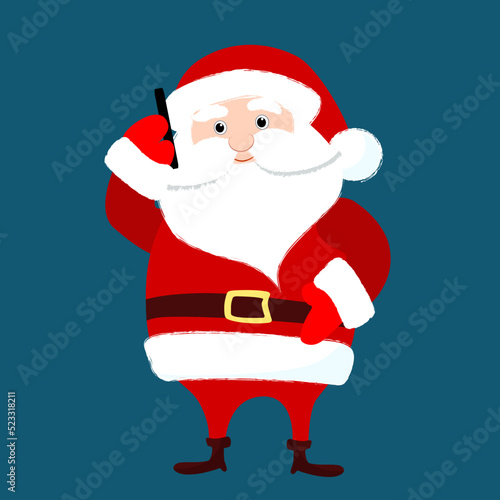 Santa Claus is talking on a cell phone. Santa is cheerful and funny. Character design for Christmas design in cartoon flat style. photo