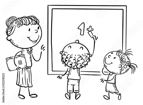 Math lesson, teacher and students writing on the blackboard. Line drawing vector clip art.