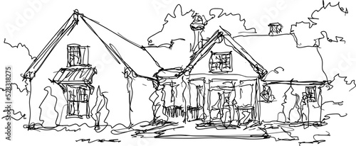 hand drawn architectural sketch of beautiful old classic detached village house with garden  and trees and lots of weed