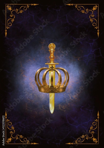 Fantasy Book Cover of a Sword and a Royal Crown Representing Dominance. Digital illustration. photo