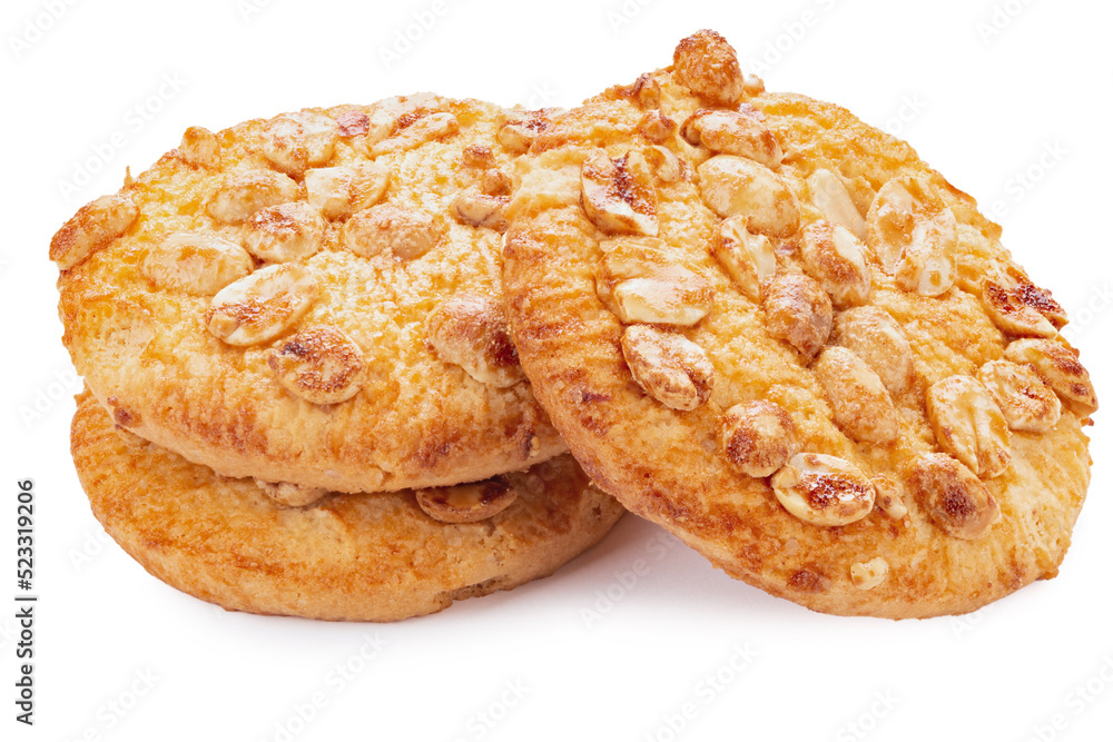 Delicious peanut circle shaped cookies on an isolated white background. Fresh confectionery biscuit. Delicious peanut circle shaped cookies on an isolated white background. Fresh confectionery biscuit.