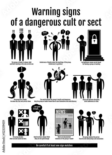 Infographic Signs of dangerous and destructive cults or sects. The characteristic signs of the behavior of a group or leader or guru are shown, which are dangerous and destructive for followers.