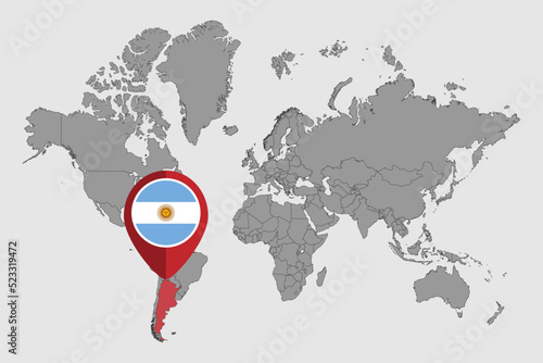 Pin map with Argentina flag on world map. Vector illustration.