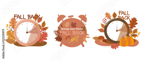 Sat of daylight saving concept illustration. Fall back decorative lettering. Autumn leaves and pumpkins decorative Calligraphy for Fall back. Vector illustration.