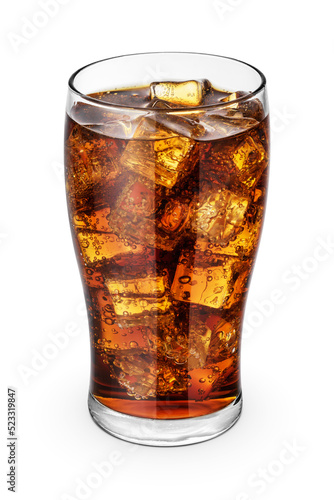 Cola with ice cubes in glass isolated on white background.