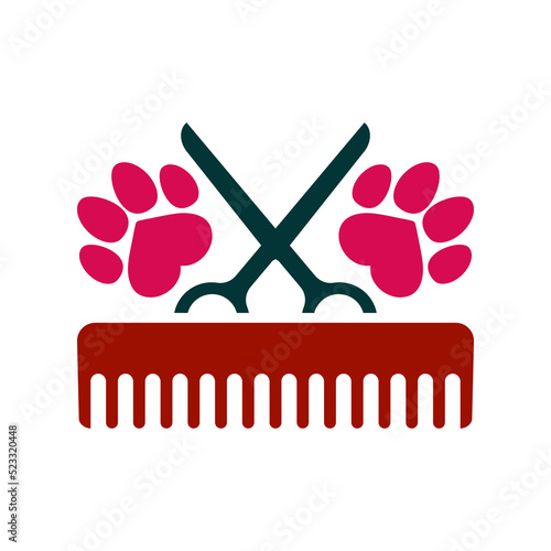 Dog grooming logo design template. Dog paw prints with comb and scissors. Vector clipart and drawing. Isolated illustration on white background.