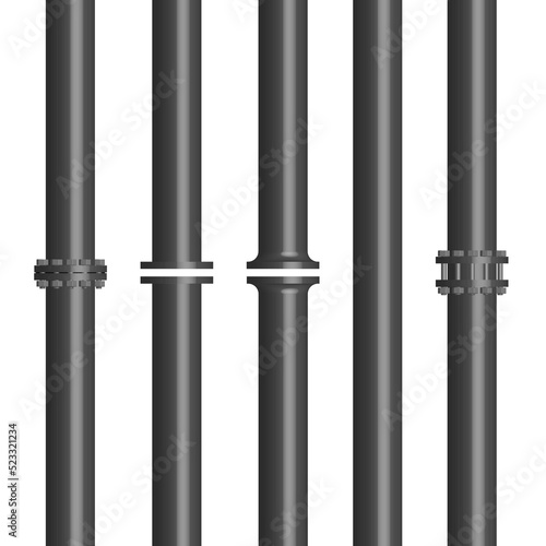 Set of steel pipes with flanges, 3D vector illustration.