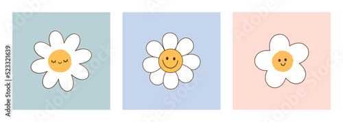 Set of retro daisy cartoons vector illustration, Cute wall art decoration.