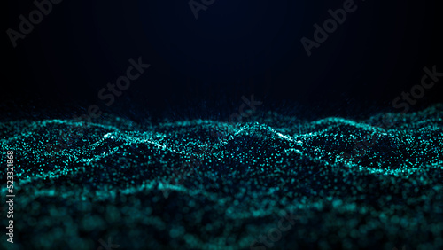 A wave of particles. Abstract background with dynamic blue wave. Blue background with moving particles. Science and technology. 3d rendering.