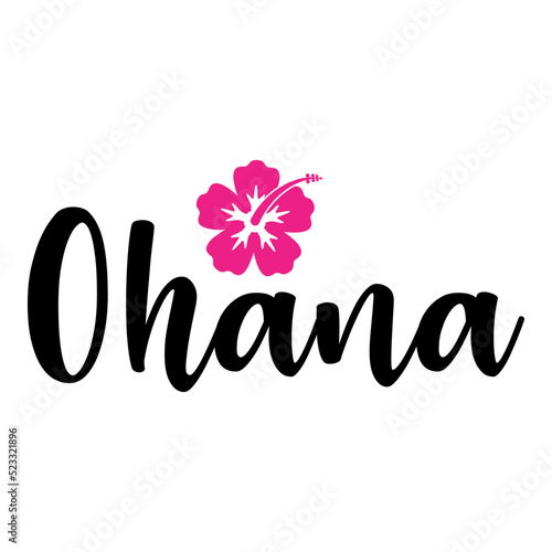 Banner con texto manuscrito con palabra hawaiana Ohana con silueta de flor de hibisco. Logo familia. Vector en color negro y rosa