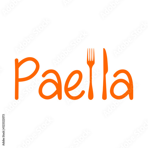 Banner con texto manuscrito Paella con cubiertos. Logo restaurante. Vector en color anaranjado