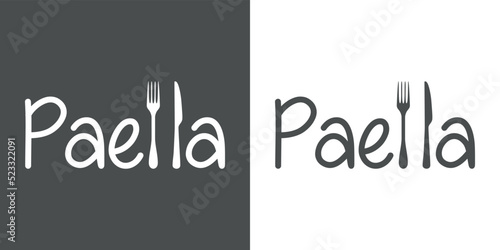 Banner con texto manuscrito Paella con cubiertos. Logo restaurante. Vector en fondo gris y fondo blanco
