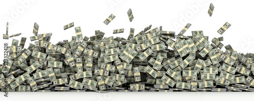 money heap falling cash us dollars siolated on white