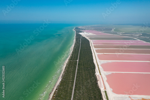 Stunning aerial view of pink salt ponds at Rio Lagartos, Cancun, Mexico photo