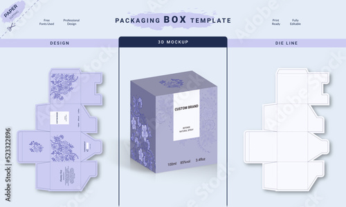 Packaging Box Die Cut Template For Product with 3D Preview. 3d Box Mockup, Packaging design, Perfume luxury box design, Box die line, and Design elements.Vector design Template.