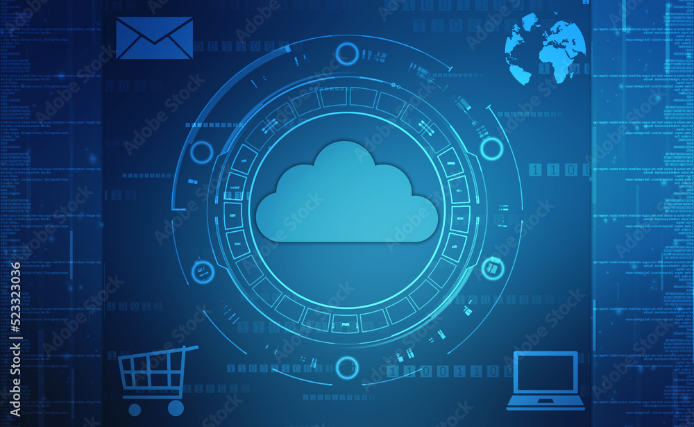 Obraz premium 2d illustration of Cloud computing, Digital Cloud computing Concept background. Cyber technology, internet data storage, database and data server concept