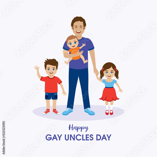 Happy Gay Uncles Day vector. Young happy man holding a smiling baby in his arms vector. Cheerful man with children drawing. Second Sunday in August. Important day