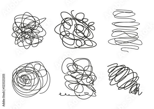 Tangled abstract scribble set. Hand drawn doodle elements. Sketch vector isolated on white background. Black and white simple elements.