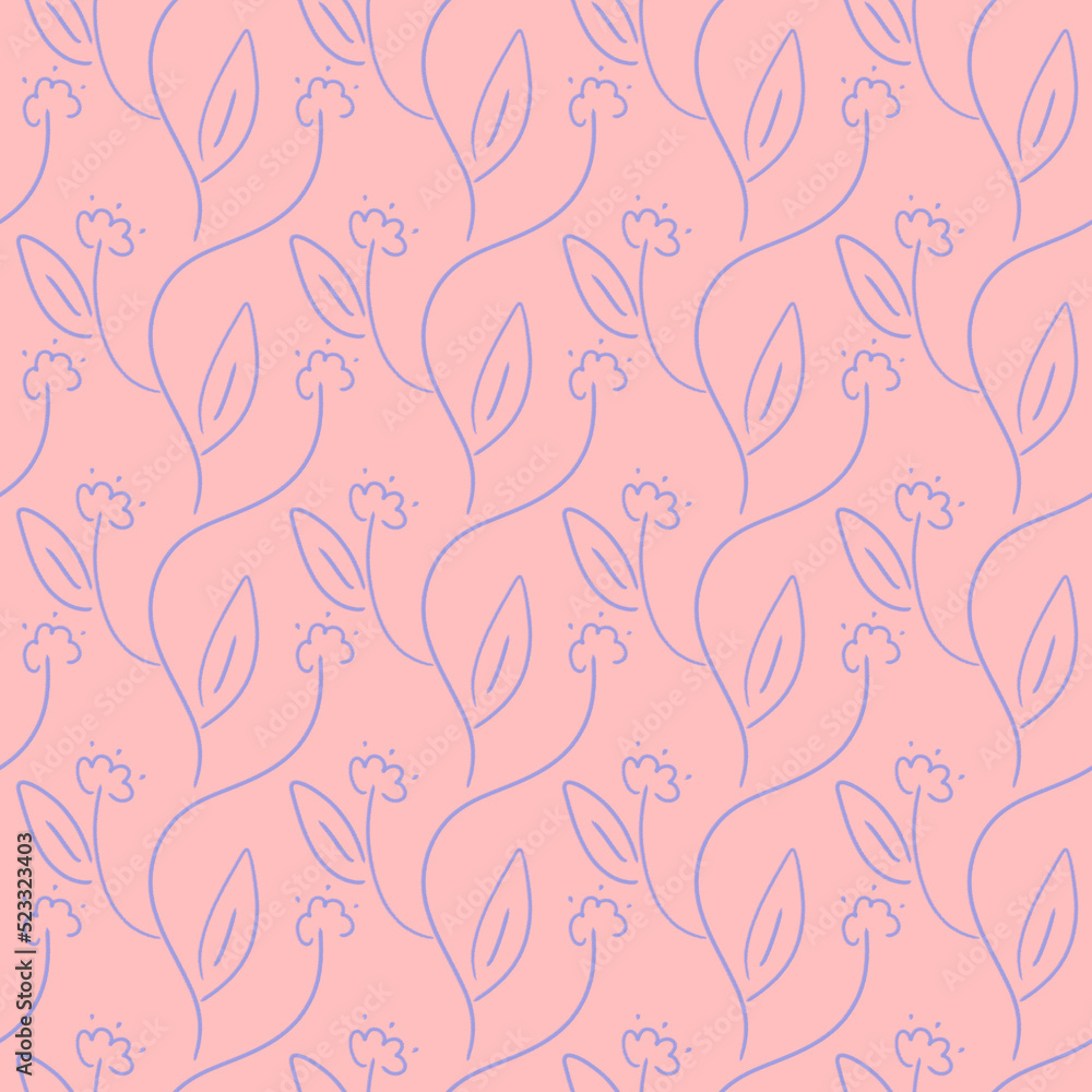 Blue hand drawn floral scribbles on pink peach background. Abstract wallpaper design with seamless pattern