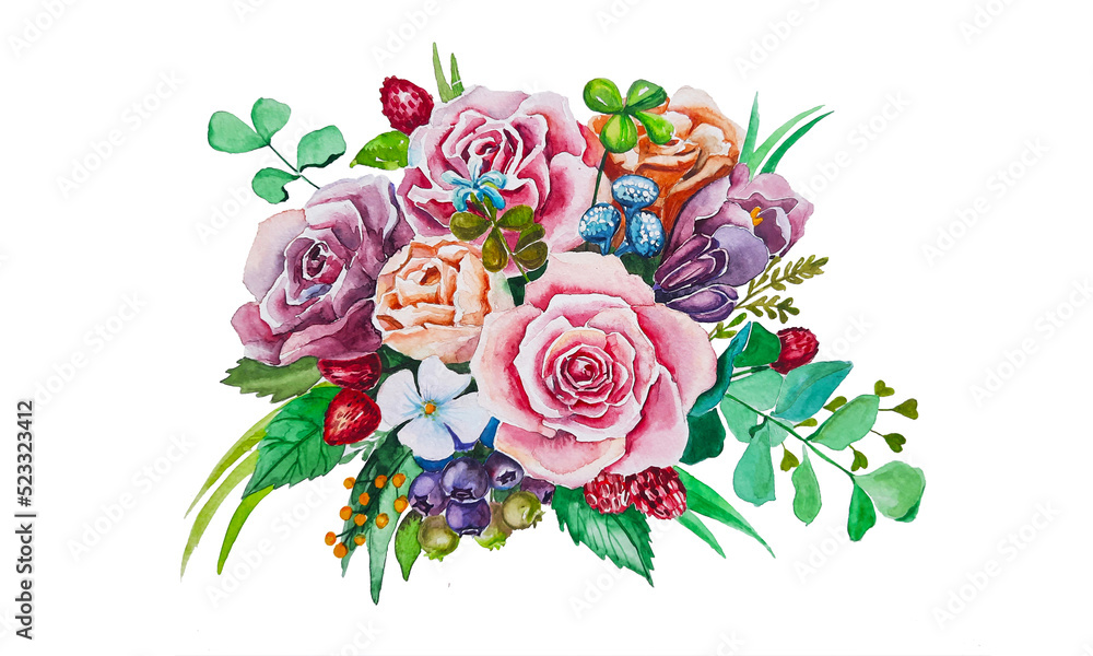 Fototapeta premium Watercolor colorful floral illustration with bouquet of roses. Pink and purple flowers with many leaves and berries. Isolated botanical art for postcards.