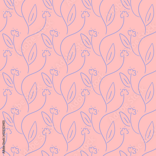 Blue hand drawn floral scribbles on pink peach background. Abstract wallpaper design with seamless pattern