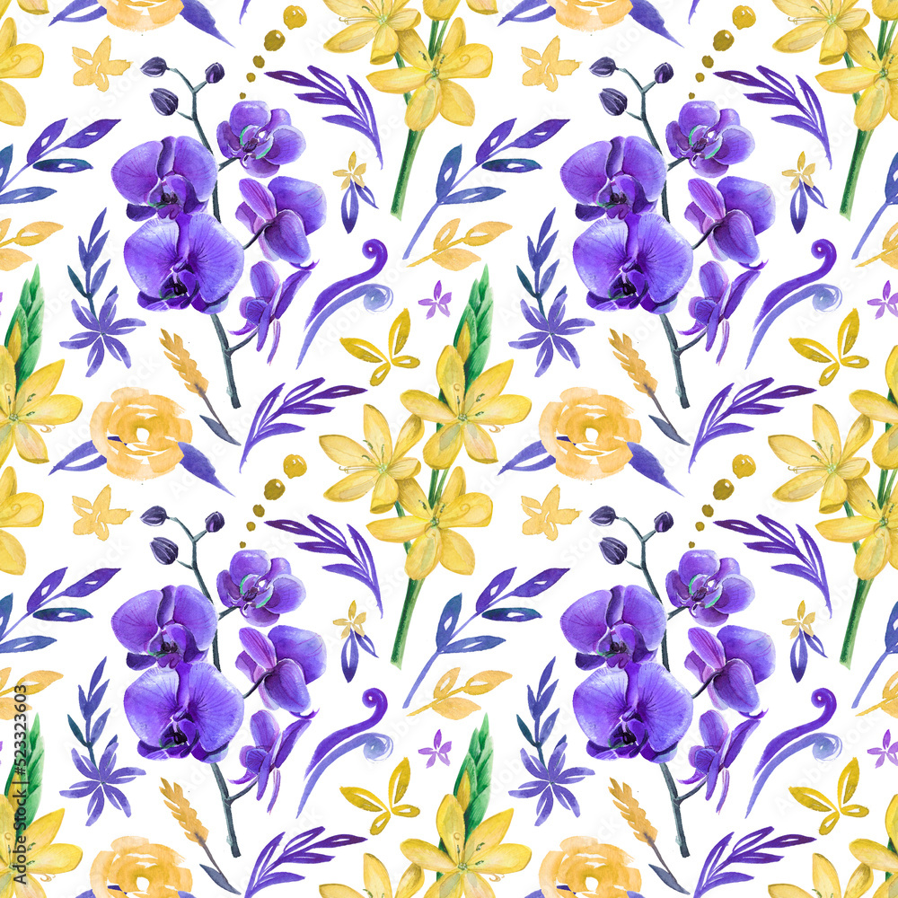 Watercolor seamless botanical pattern with yellow and purple flowers. Bright floral art with orchid for textile and packing.