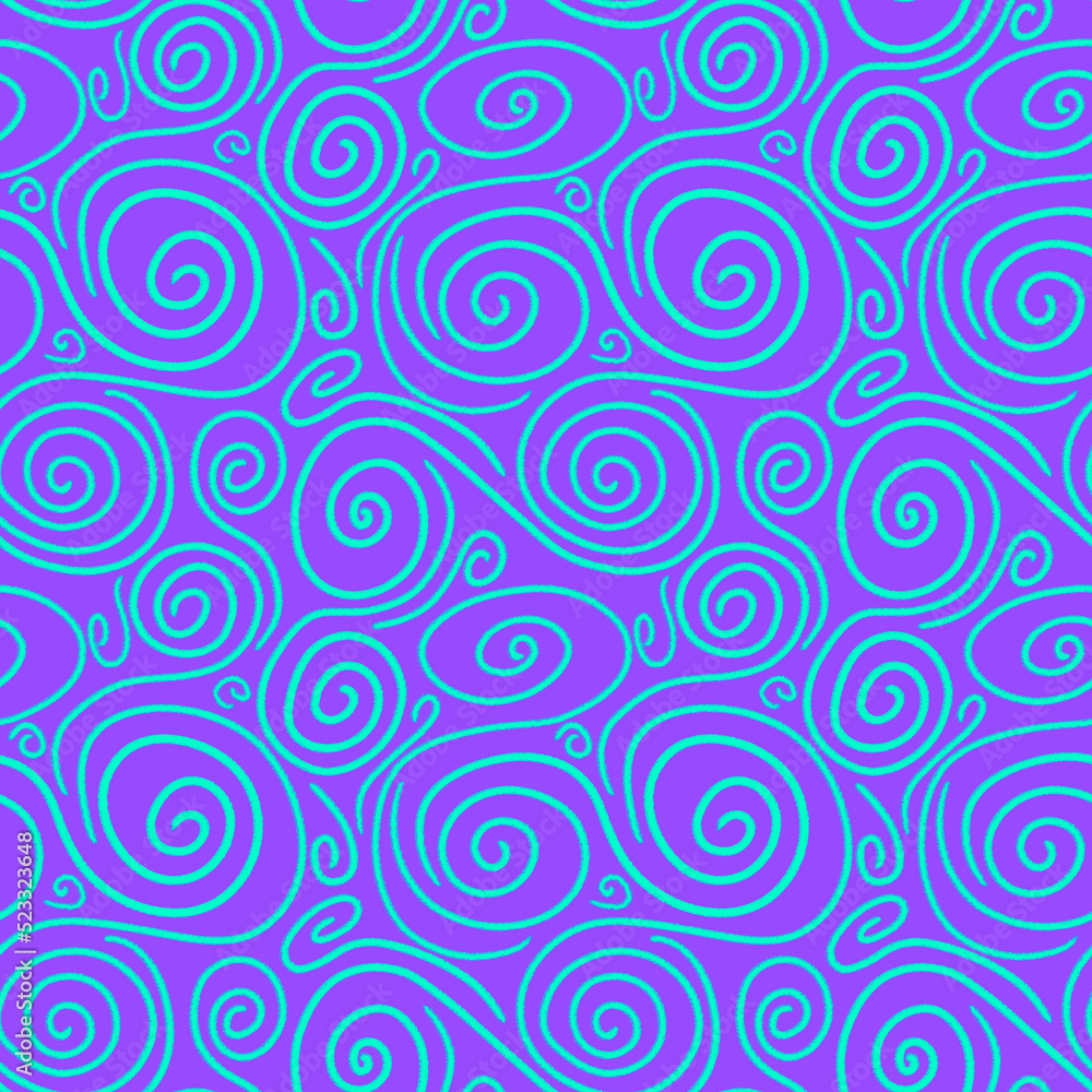 Hand drawn curls, blue on purple repeated background. Modern freehand seamless pattern Hand drawn curls, blue on purple repeated background. Modern freehand seamless pattern
