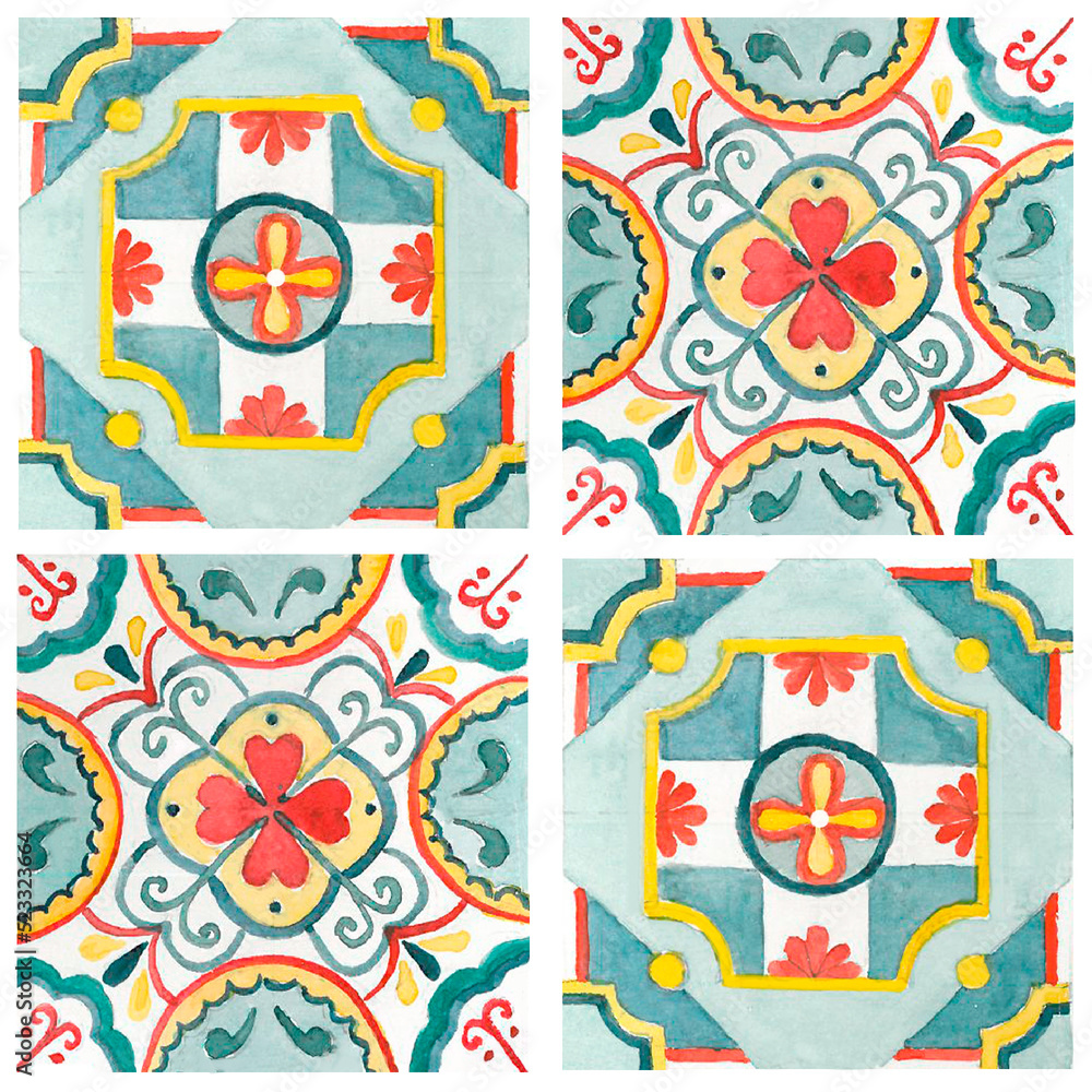 Watercolor seamless pattern with ceramic tile stylization yellow , red and blue ornament. Azulejos, Portuguese, Turkish Moroccan, Italian Sicilian tile mosaic ornament. Talavera style