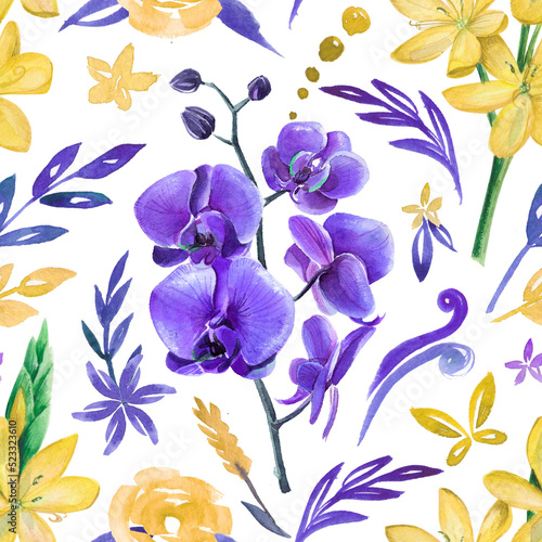 Watercolor seamless botanical pattern with yellow and purple flowers. Bright floral art with orchid for textile and packing.