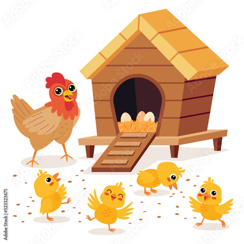Cartoon Illustration Of Chicken And Chicks