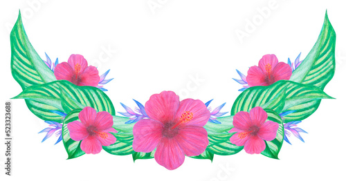 Hand drawn tropical leaves and flowers  tropical border design with exotic florals