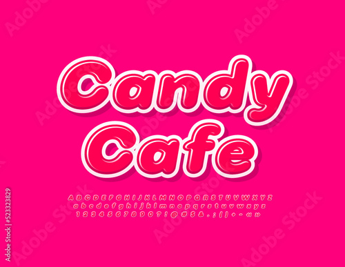 Vector glossy Signboard Candy Cafe. Modern Sweet Font. Cute Pink Alphabet Letters, Numbers and Symbols set