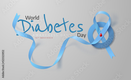 World Diabetes Day. Poster with ribbon with a drop of blood and Blue Circle symbol of Diabetes day