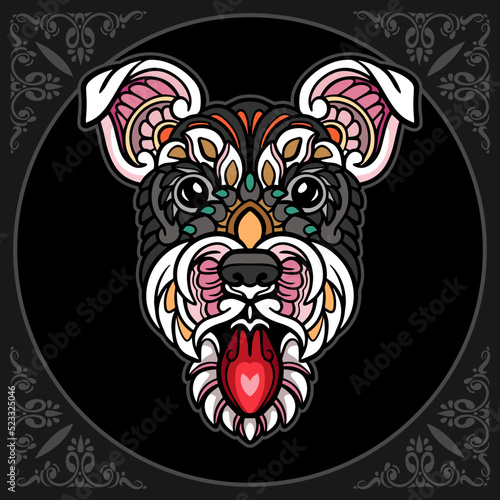 Colorful Dog head zentangle arts isolated on black background