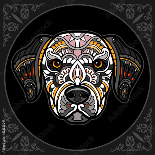 Colorful Dog head zentangle arts isolated on black background