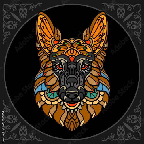 Colorful Dog head zentangle arts isolated on black background