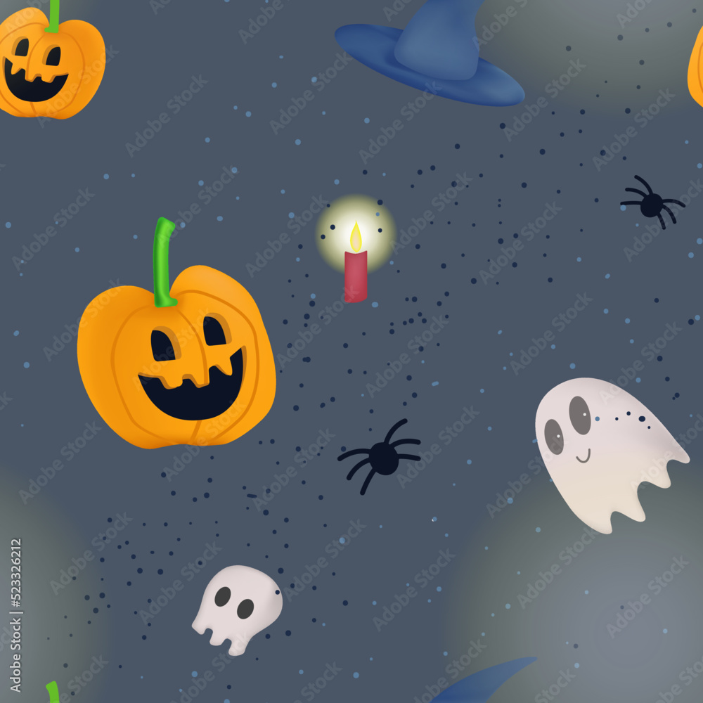 Vector dark Halloween seamless pattern with pumpkin and ghost