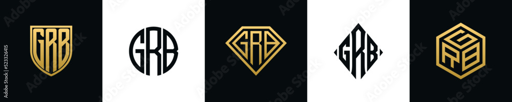 Initial letters GRB logo designs Bundle. This collection incorporated with shield, round, diamond, rectangle and hexagon style logo. Vector template - obrazy, fototapety, plakaty 