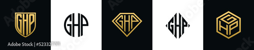 Initial letters GHP logo designs Bundle. This collection incorporated with shield, round, diamond, rectangle and hexagon style logo. Vector template photo