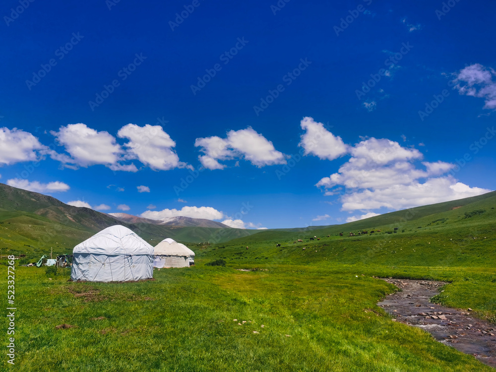 Yurts of mountain farmers in the Kazakhstan mountains, Almaty region.