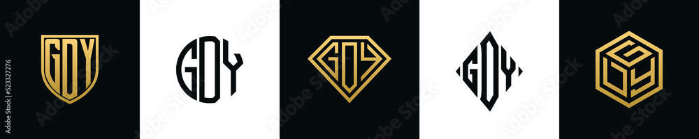 Initial letters GDY logo designs Bundle. This collection incorporated with shield, round, diamond, rectangle and hexagon style logo. Vector template - obrazy, fototapety, plakaty 