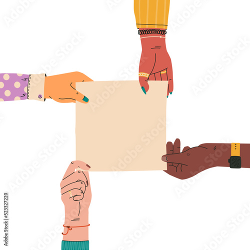 Four different female hands are holding an empty square sheet (with space for your text). Vector trendy flat illustration.
