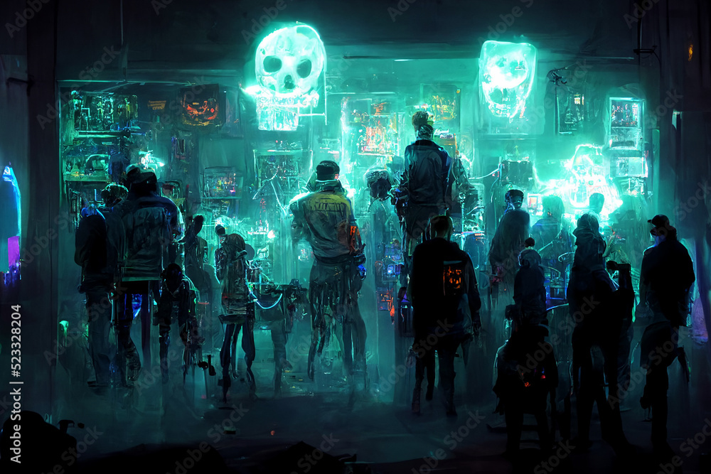 night time  in halloween days , cyberpunk theme  crowed